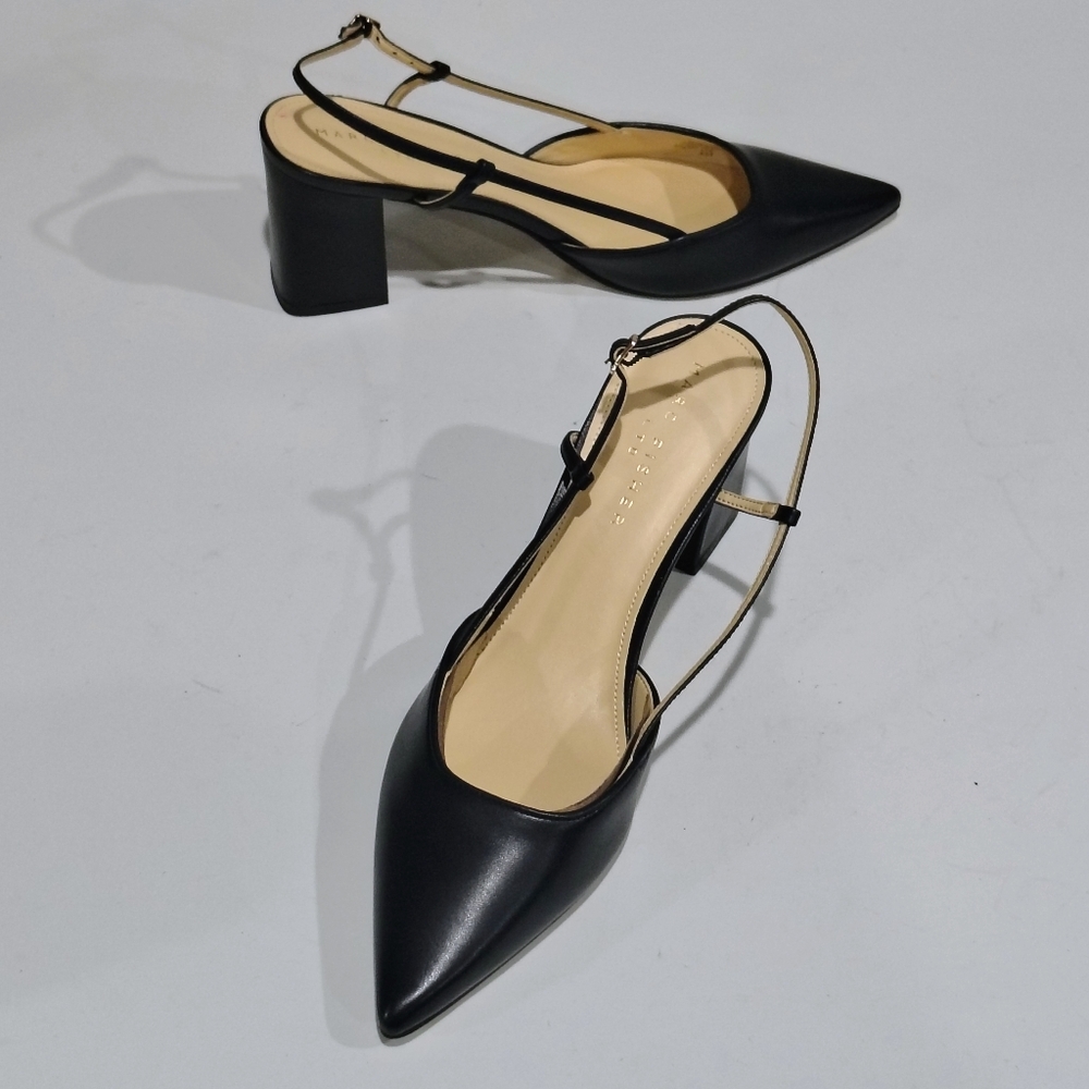 Marc Fisher Women's Black Leather Pointy Toe Slip-On Block Heel Shoes Size 11M